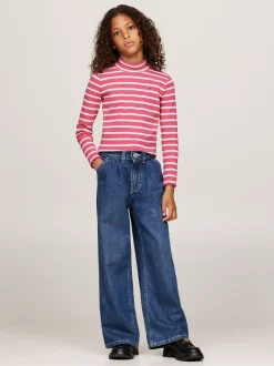 Topy I T-Shirty*Tommy Hilfiger Bardzo Wąski Top Z Półgolfem W Paski HERITAGE PINK STRIPE