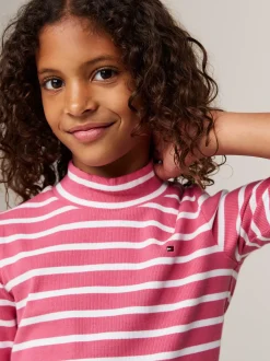 Topy I T-Shirty*Tommy Hilfiger Bardzo Wąski Top Z Półgolfem W Paski HERITAGE PINK STRIPE