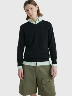 Swetry|Dzianina*Tommy Hilfiger Bawełniana Bluza Od Dresu Z Dekoltem W Kształcie Litery V FLAG BLACK