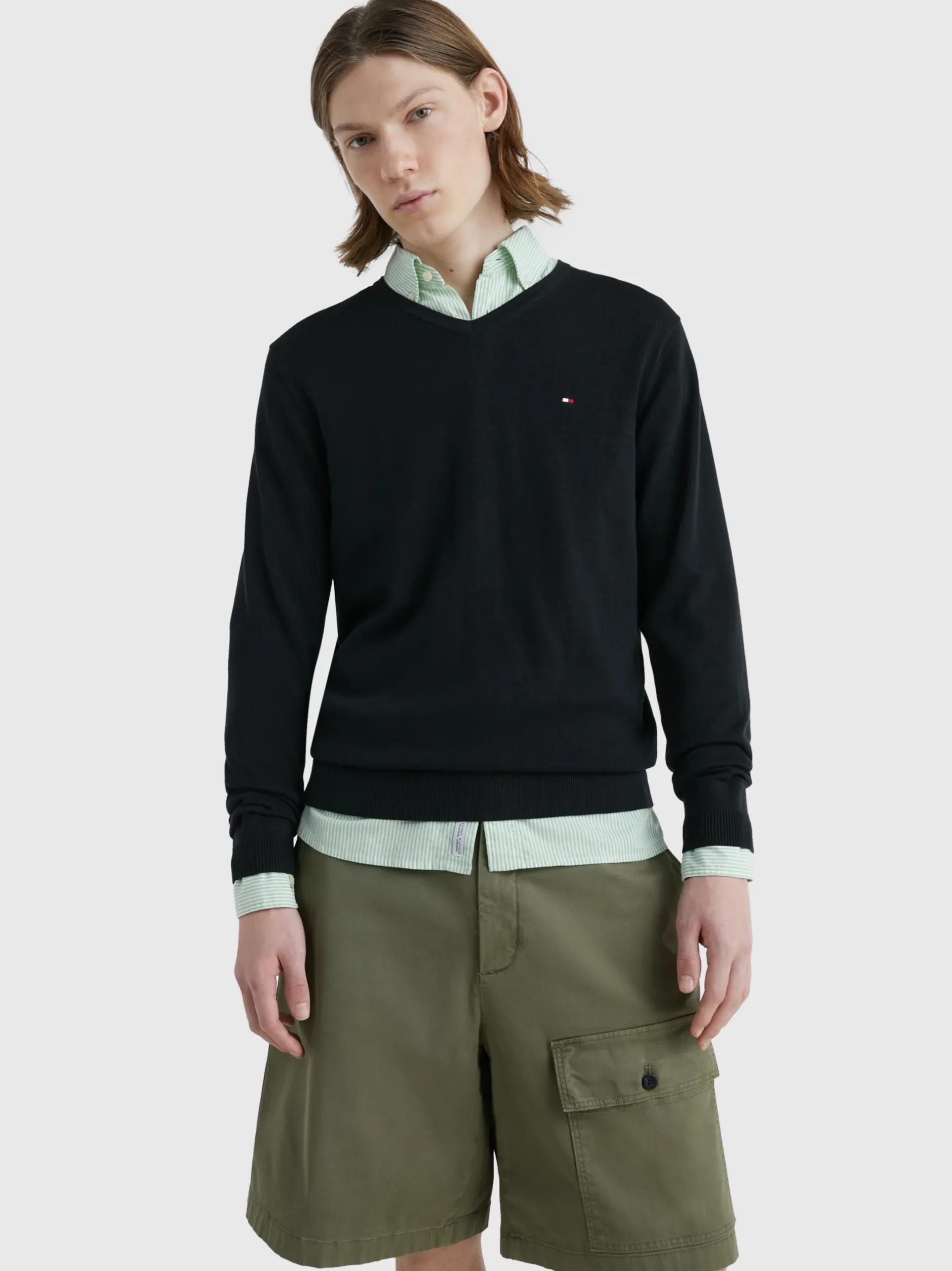 Swetry|Dzianina*Tommy Hilfiger Bawełniana Bluza Od Dresu Z Dekoltem W Kształcie Litery V FLAG BLACK