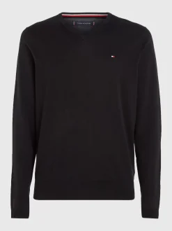 Swetry|Dzianina*Tommy Hilfiger Bawełniana Bluza Od Dresu Z Dekoltem W Kształcie Litery V FLAG BLACK