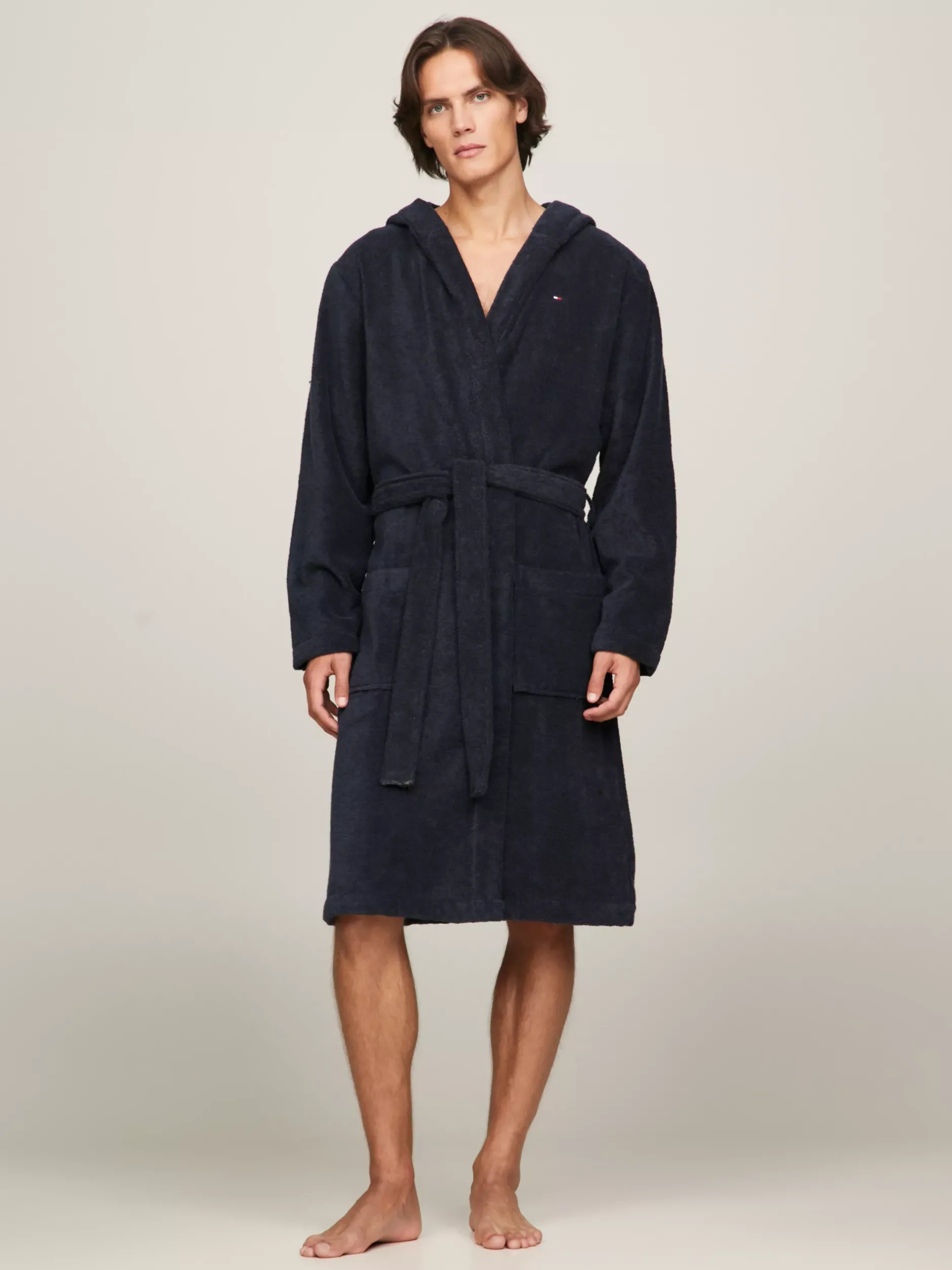 Stroje Domowe*Tommy Hilfiger Bawełniany Szlafrok Kąpielowy Z Kapturem NAVY BLAZER