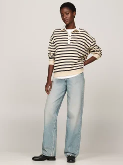 Bluzy Dresowe & Z Kapturem*Tommy Hilfiger Bluza W Paski Z Kołnierzykiem Polo BRETON STP COUNTRY IVORY/DESERT SKY