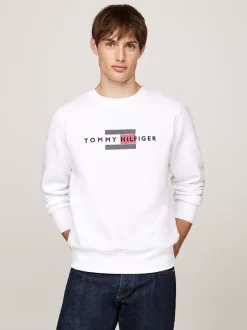 Bluzy Dresowe & Z Kapturem*Tommy Hilfiger Bluza Z Okrągłym Dekoltem I Wyszywanym Logo WHITE