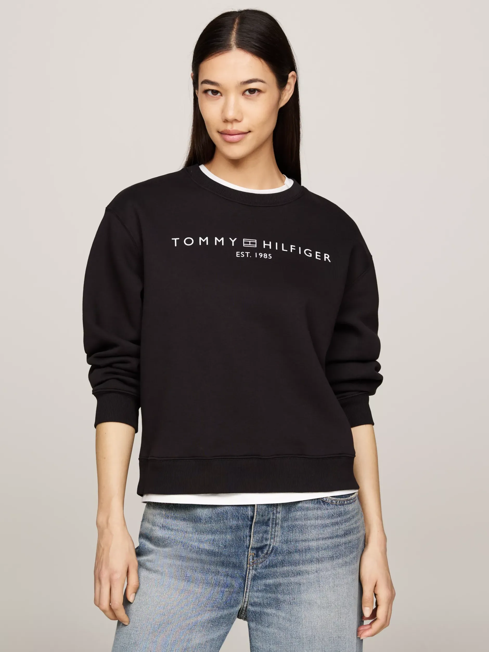 Bluzy Dresowe & Z Kapturem*Tommy Hilfiger Bluza Z Okrągłym Dekoltem I Logo BLACK