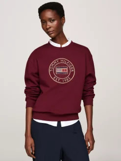 Bluzy Dresowe & Z Kapturem*Tommy Hilfiger Bluza Z Okrągłym Dekoltem I Wyszywanym Logo DEEP ROUGE