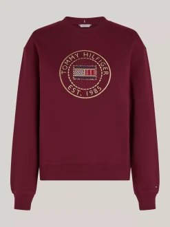 Bluzy Dresowe & Z Kapturem*Tommy Hilfiger Bluza Z Okrągłym Dekoltem I Wyszywanym Logo DEEP ROUGE
