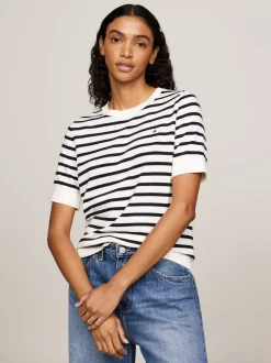 Swetry Z Okrągłym Dekoltem|Swetry*Tommy Hilfiger Dżersejowy Sweter Z Krótkim Rękawem I Flagą IVORY PETAL/ DESERT SKY STP