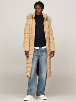 Kurtki & Płaszcze*Tommy Hilfiger Długi Puchowy Płaszcz Z Kapturem CLASSIC KHAKI