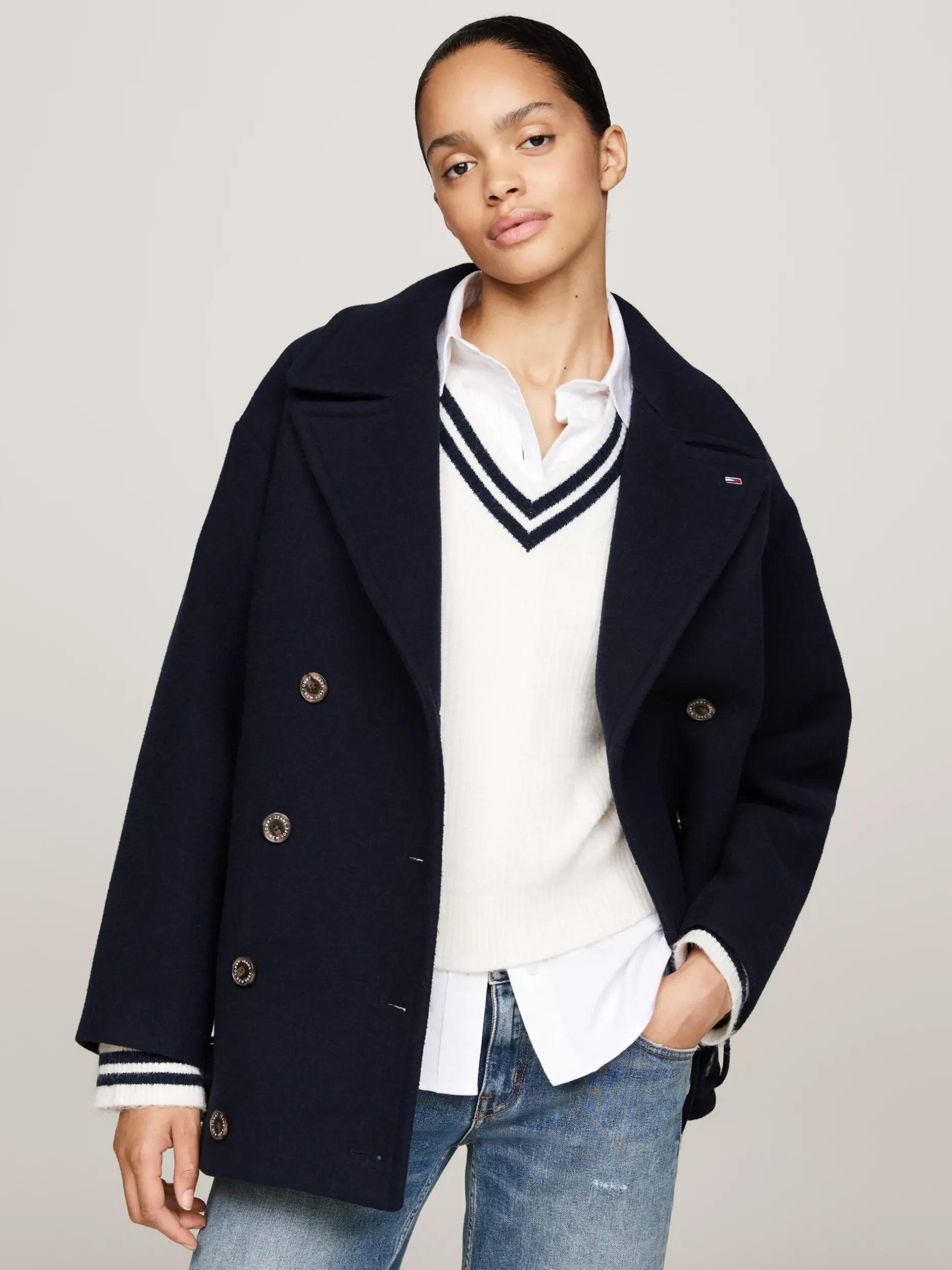Kurtki & Płaszcze*Tommy Hilfiger Dwurzędowa Kurtka Marynarska Z Wełną DARK NIGHT NAVY