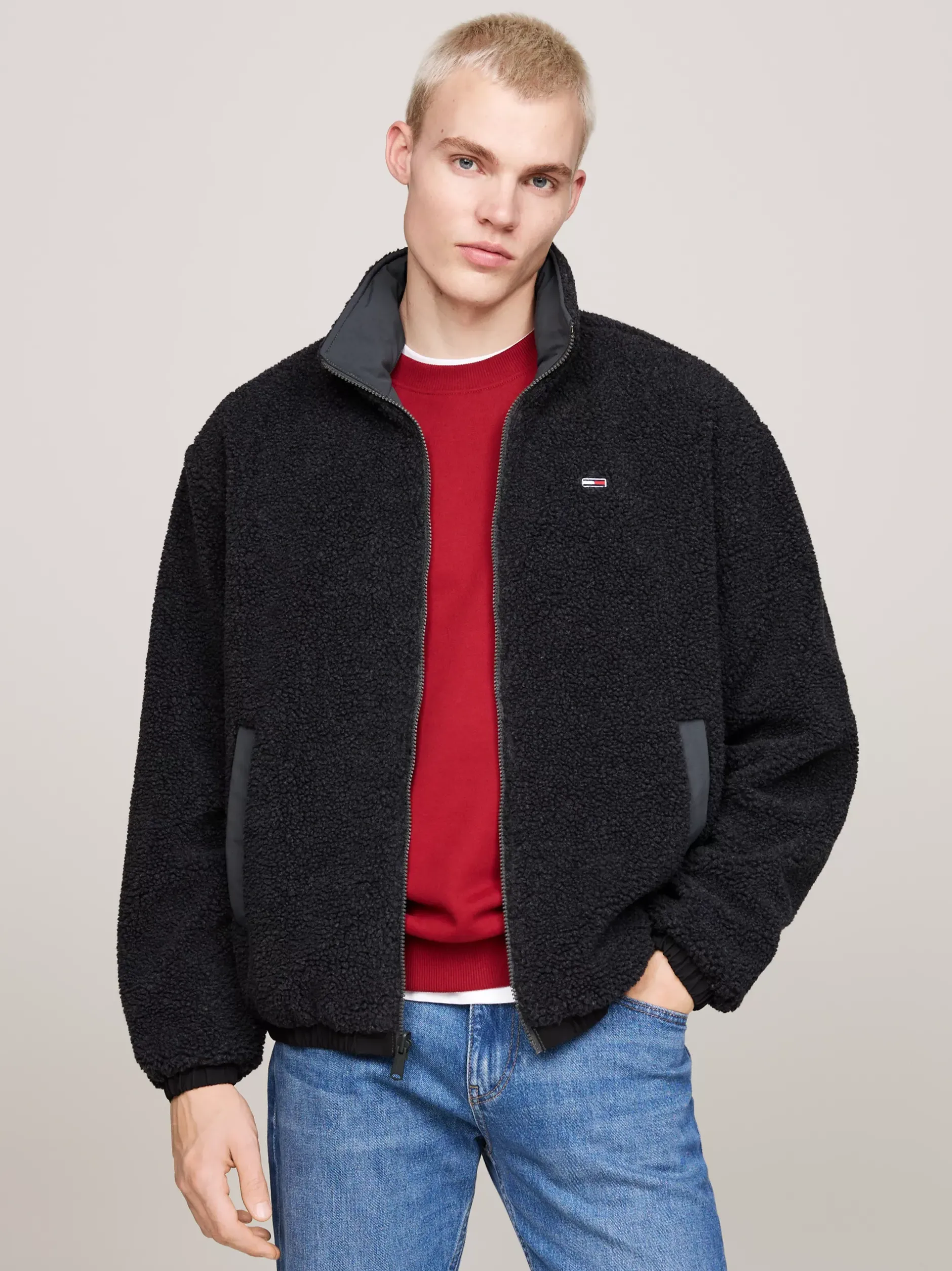 Kurtki & Płaszcze|Bomberki*Tommy Hilfiger Dwustronna Kurtka Z Kożuszkowego Polaru Z Chowanym Kapturem BLACK / MULTI