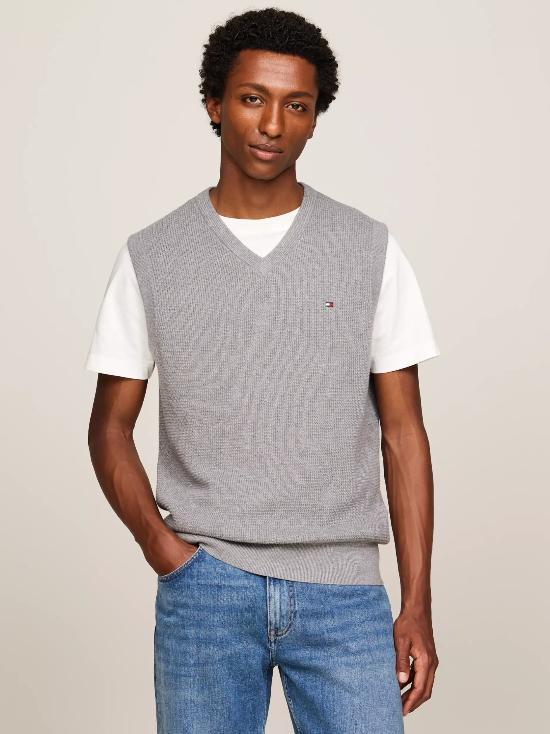 Dzianina*Tommy Hilfiger Dzianinowa Kamizelka O Wafelkowym Splocie MEDIUM GREY HEATHER
