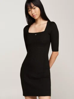 Sukienki*Tommy Hilfiger Dzianinowa Sukienka Z Kwadratowym Dekoltem BLACK