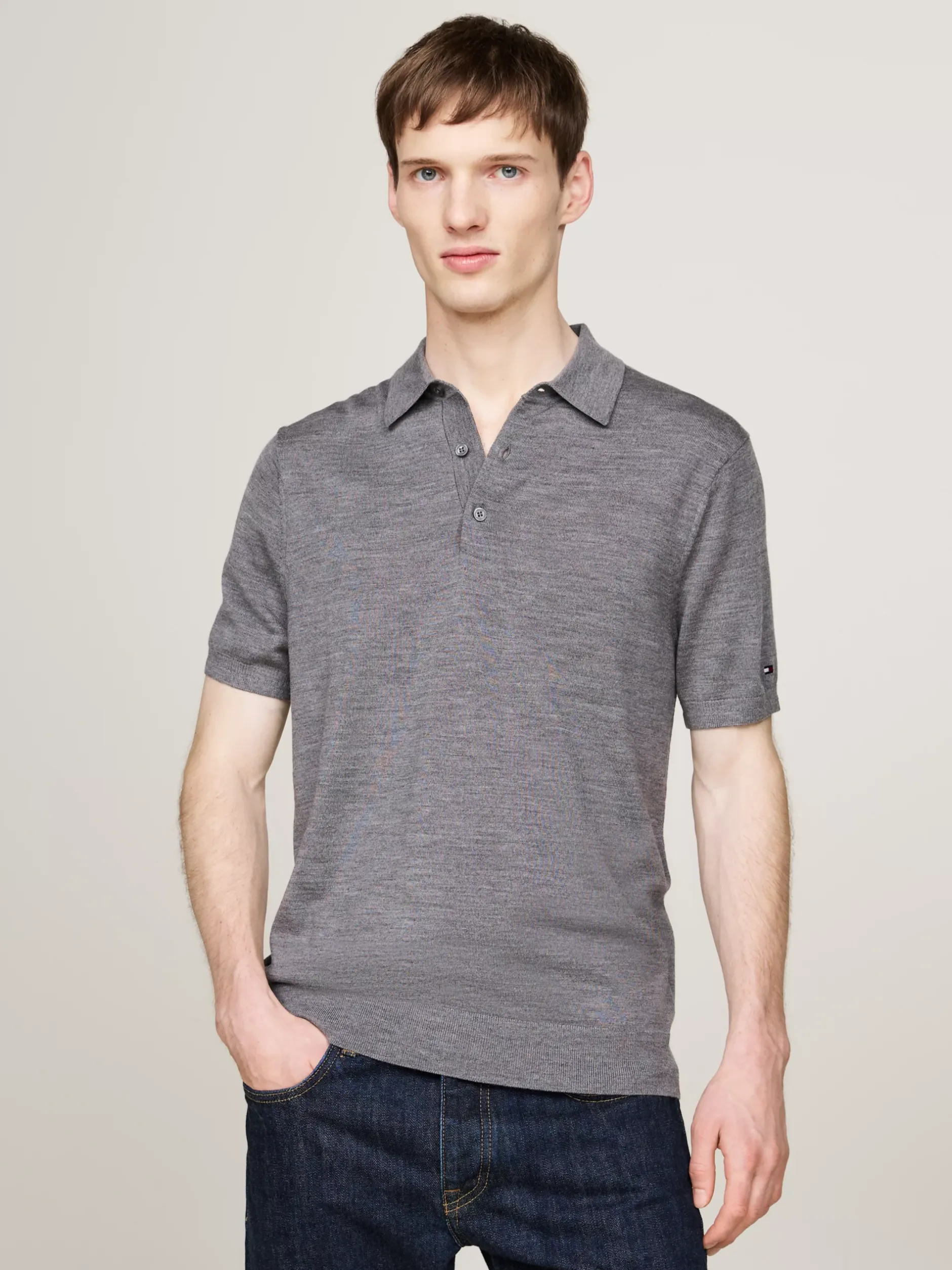 Swetry|Dzianina*Tommy Hilfiger Elegancka Koszulka Polo Z Czystej Wełny MEDIUM GREY HEATHER