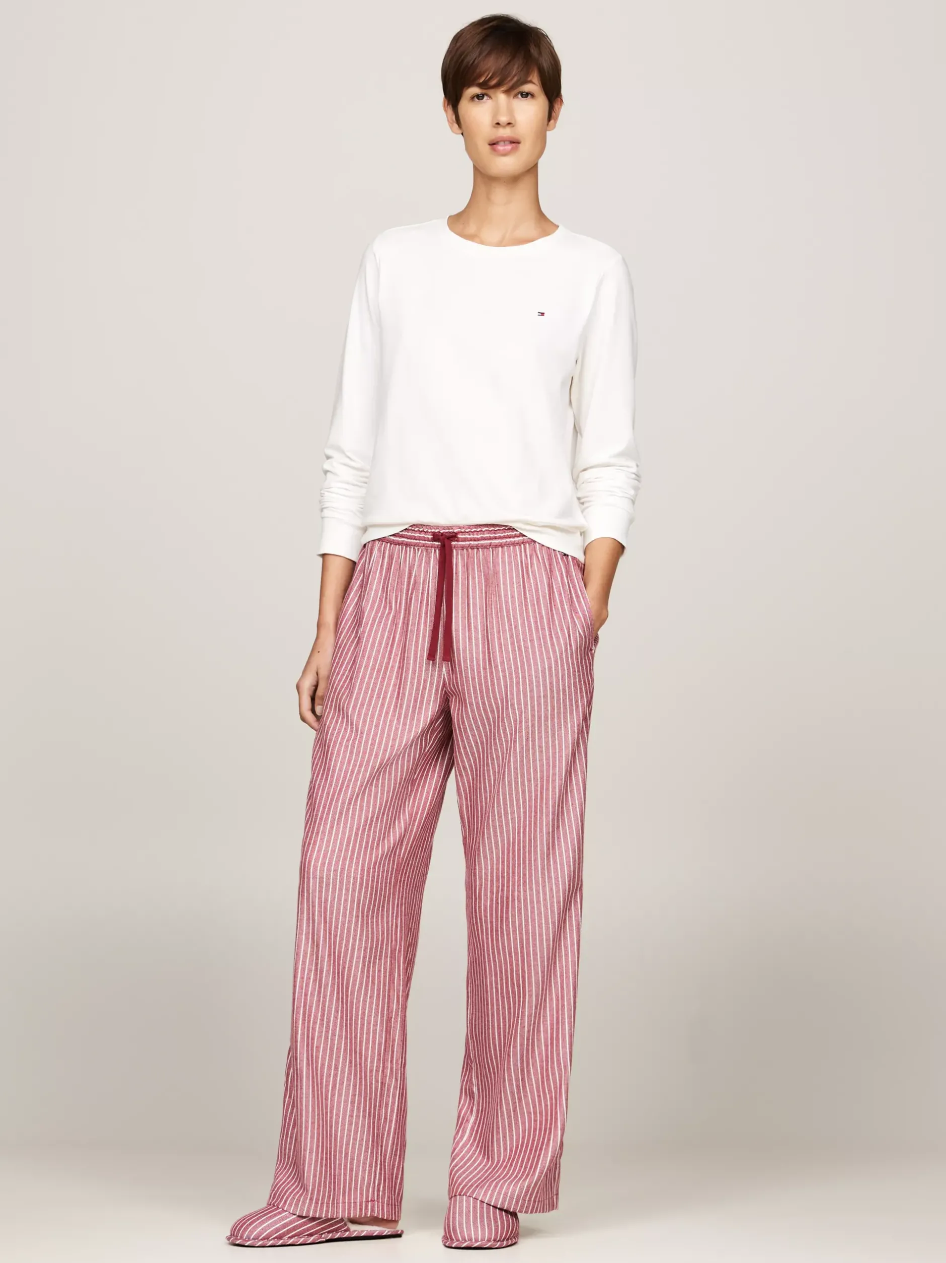 Piżamy & Odziez Nocna*Tommy Hilfiger Flanelowa Piżama I Kapcie TH Original IVORY/PINSTRIPE ROUGE