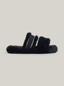 Płaskie Buty*Tommy Hilfiger Kapcie Ze Sztucznego Futerka Z Logo SPACE BLUE