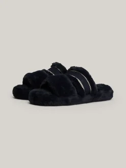 Płaskie Buty*Tommy Hilfiger Kapcie Ze Sztucznego Futerka Z Logo SPACE BLUE