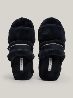 Płaskie Buty*Tommy Hilfiger Kapcie Ze Sztucznego Futerka Z Logo SPACE BLUE