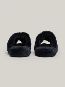 Płaskie Buty*Tommy Hilfiger Kapcie Ze Sztucznego Futerka Z Logo SPACE BLUE