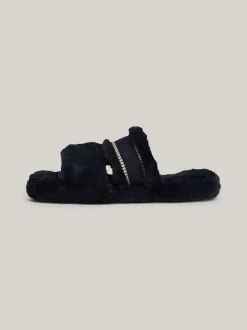 Płaskie Buty*Tommy Hilfiger Kapcie Ze Sztucznego Futerka Z Logo SPACE BLUE