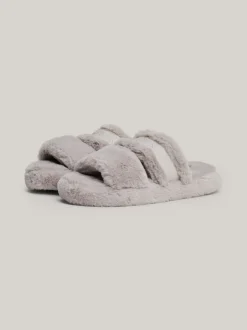 Płaskie Buty*Tommy Hilfiger Kapcie Ze Sztucznego Futerka Z Logo GREY WHISPER