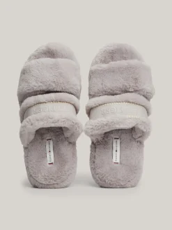 Płaskie Buty*Tommy Hilfiger Kapcie Ze Sztucznego Futerka Z Logo GREY WHISPER