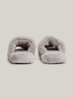 Płaskie Buty*Tommy Hilfiger Kapcie Ze Sztucznego Futerka Z Logo GREY WHISPER