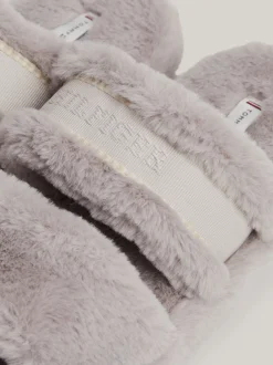 Płaskie Buty*Tommy Hilfiger Kapcie Ze Sztucznego Futerka Z Logo GREY WHISPER