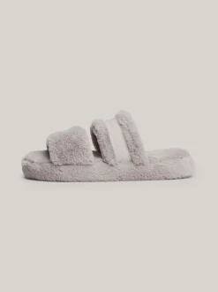 Płaskie Buty*Tommy Hilfiger Kapcie Ze Sztucznego Futerka Z Logo GREY WHISPER