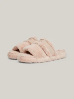 Płaskie Buty*Tommy Hilfiger Kapcie Ze Sztucznego Futerka Z Logo MISTY BLUSH