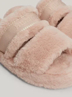 Płaskie Buty*Tommy Hilfiger Kapcie Ze Sztucznego Futerka Z Logo MISTY BLUSH