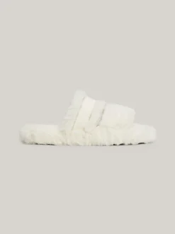Płaskie Buty*Tommy Hilfiger Kapcie Ze Sztucznego Futerka Z Logo ANCIENT WHITE