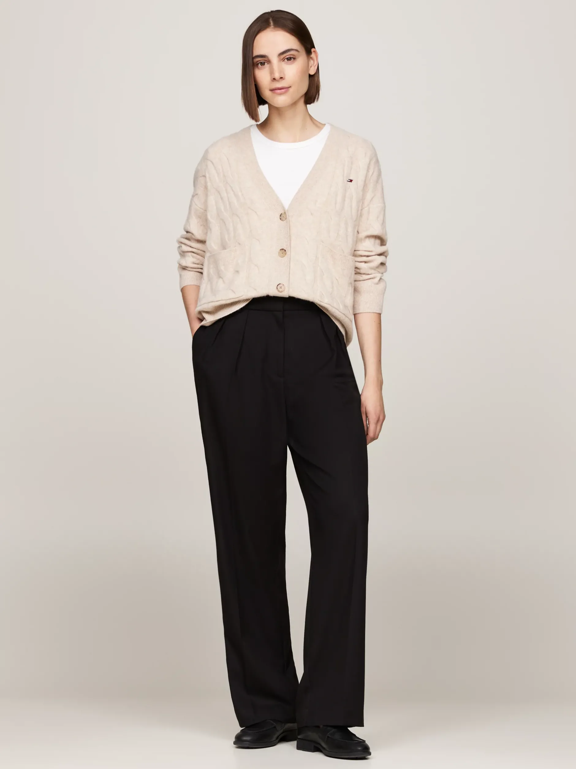 Swetry|Dzianina*Tommy Hilfiger Kardigan Z Czystej Wełny Z Dekoltem W Szpic CLASSIC BEIGE HEATHER