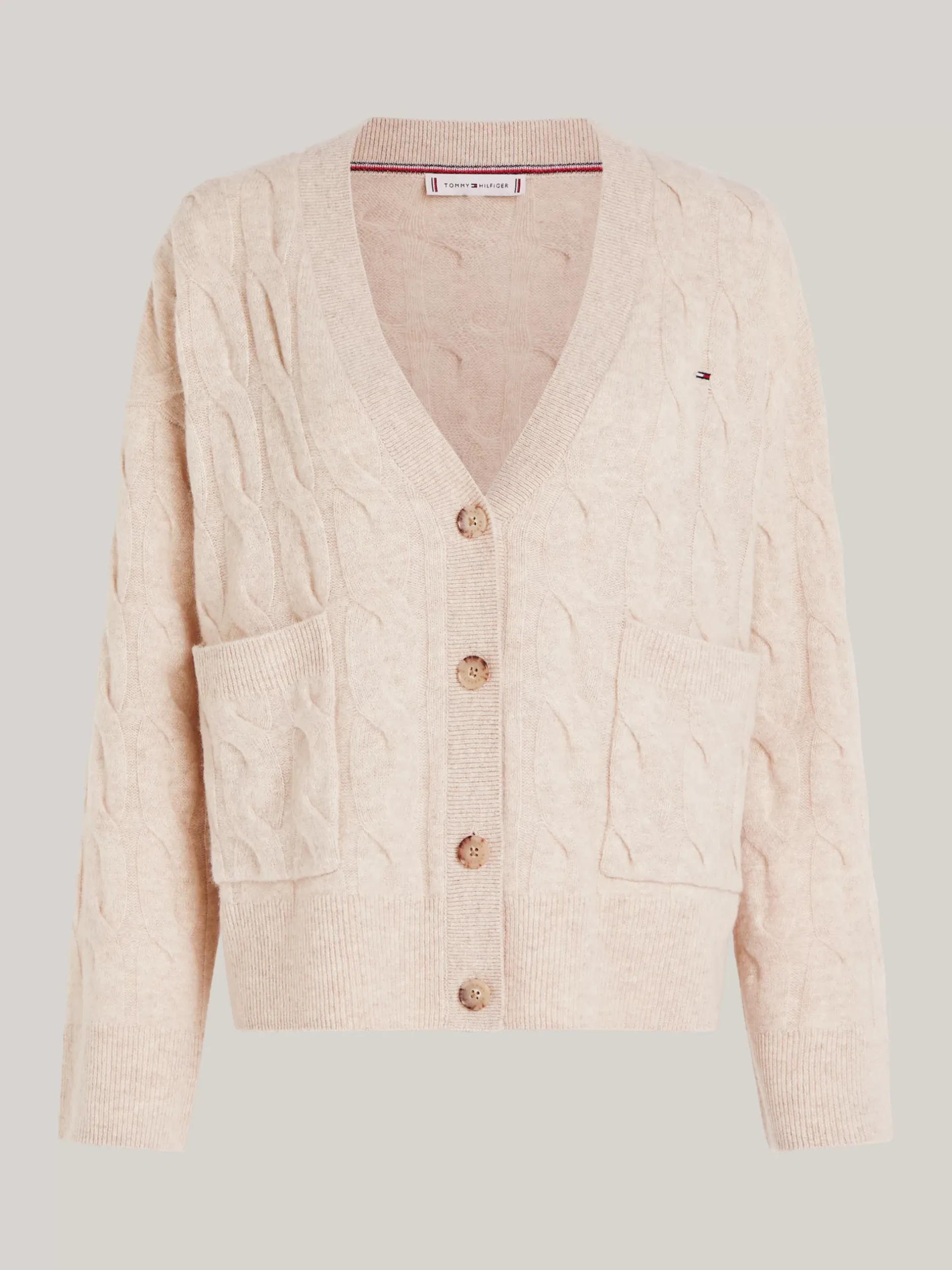 Swetry|Dzianina*Tommy Hilfiger Kardigan Z Czystej Wełny Z Dekoltem W Szpic CLASSIC BEIGE HEATHER