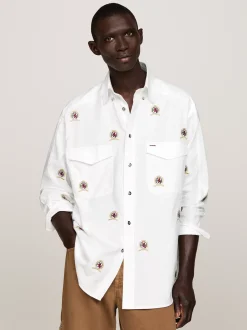 Koszule*Tommy Hilfiger Koszula O Kroju Pudełkowym Z Motywem Emblematu ECRU