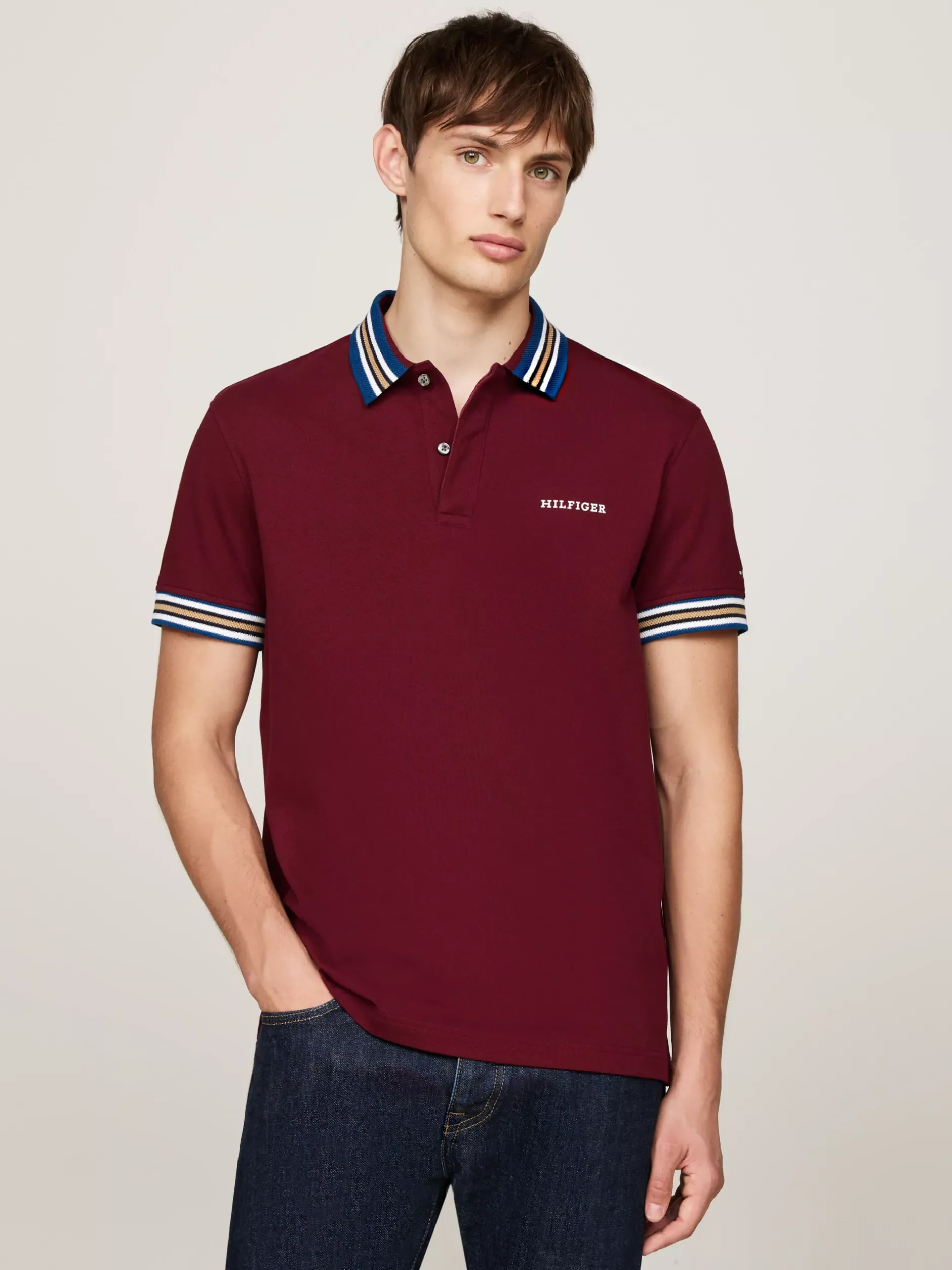 Koszulki Polo*Tommy Hilfiger Koszulka Polo Z Kontrastowym Kołnierzykiem DEEP ROUGE