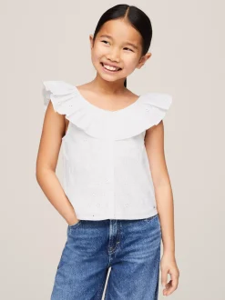 Topy I T-Shirty*Tommy Hilfiger Krótka Bluzka TH Monogram Z Haftem Angielskim WHITE