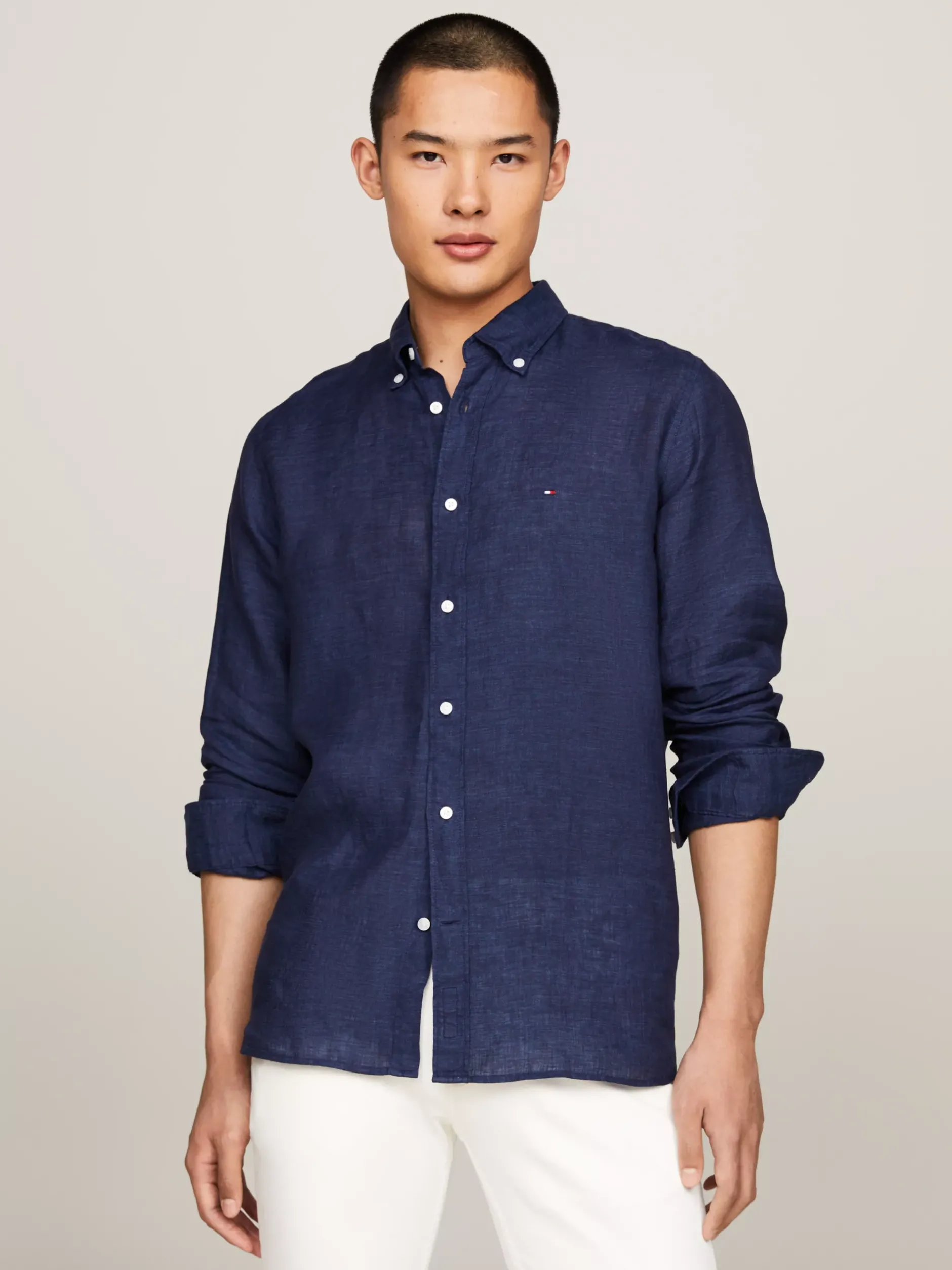Koszule*Tommy Hilfiger Lniana Koszula O Regularnym Kroju CARBON NAVY