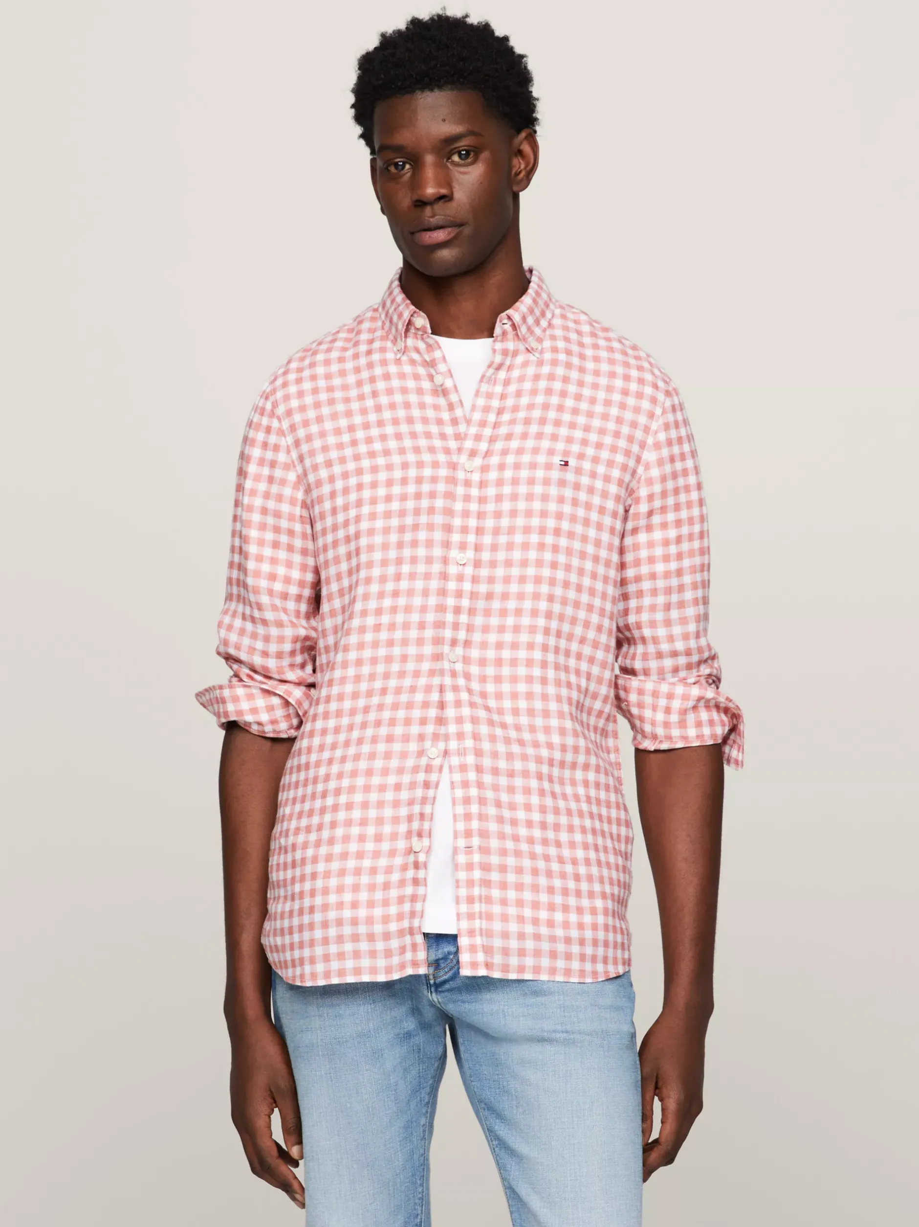Koszule*Tommy Hilfiger Lniana Koszula We Wzór W Kratę Vichy TEABERRY BLOSSOM / OPTIC WHITE