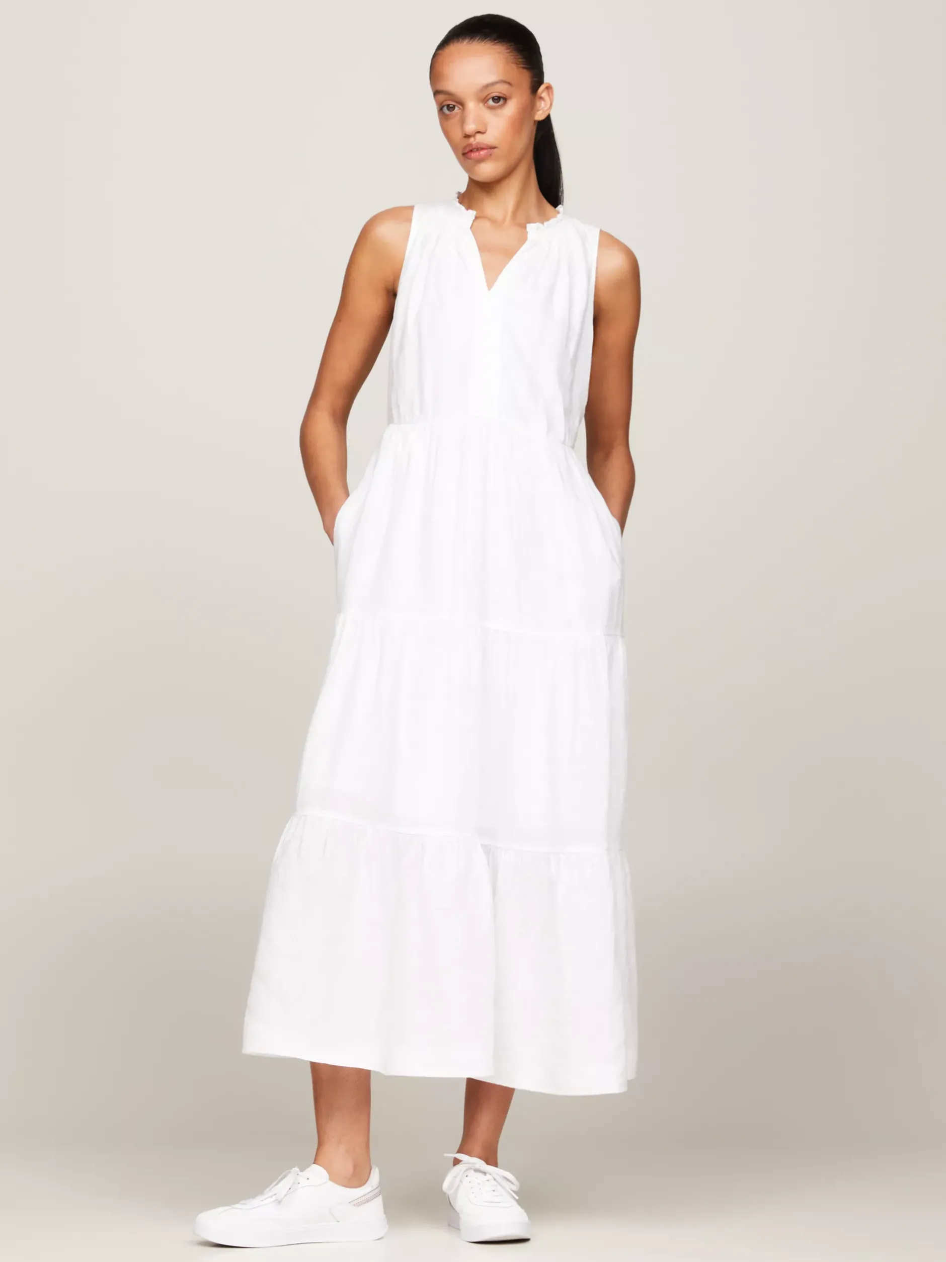 Sukienki*Tommy Hilfiger Lniana Sukienka Maxi TH OPTIC WHITE