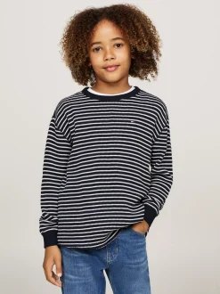 T-Shirty I Koszulki Polo*Tommy Hilfiger Longsleeve O Waflowym Splocie BLUE BASE WHITE STRIPES