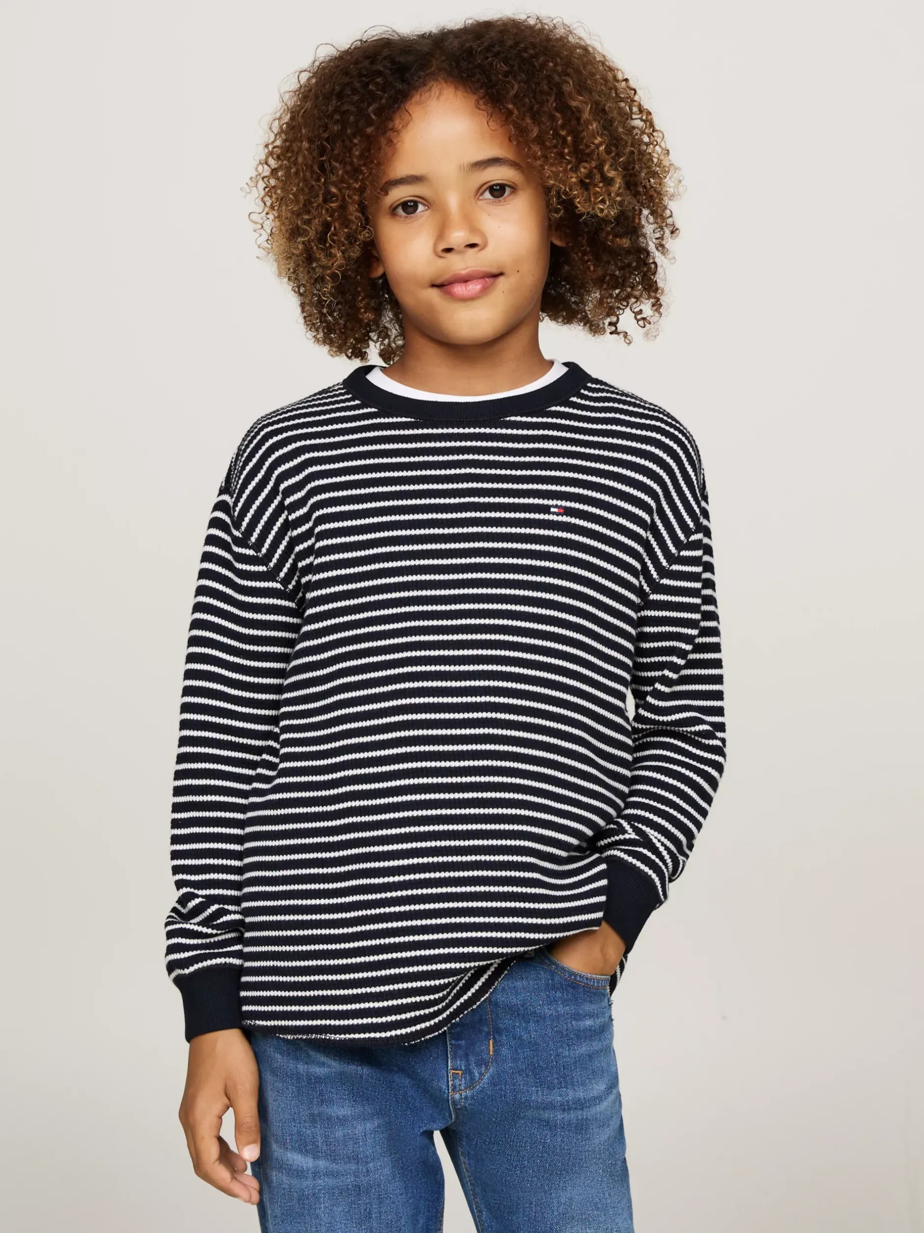 T-Shirty I Koszulki Polo*Tommy Hilfiger Longsleeve O Waflowym Splocie BLUE BASE WHITE STRIPES