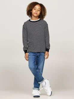 T-Shirty I Koszulki Polo*Tommy Hilfiger Longsleeve O Waflowym Splocie BLUE BASE WHITE STRIPES