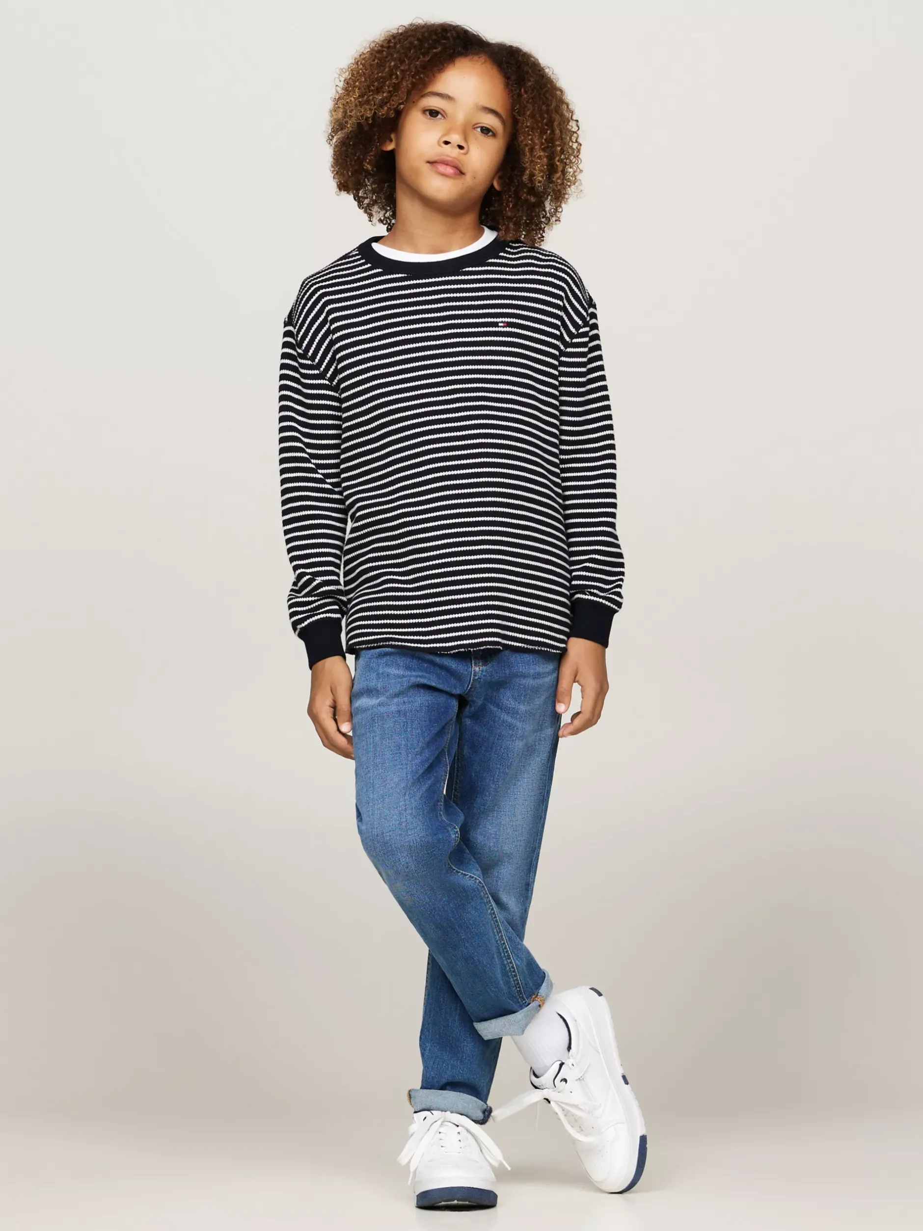 T-Shirty I Koszulki Polo*Tommy Hilfiger Longsleeve O Waflowym Splocie BLUE BASE WHITE STRIPES