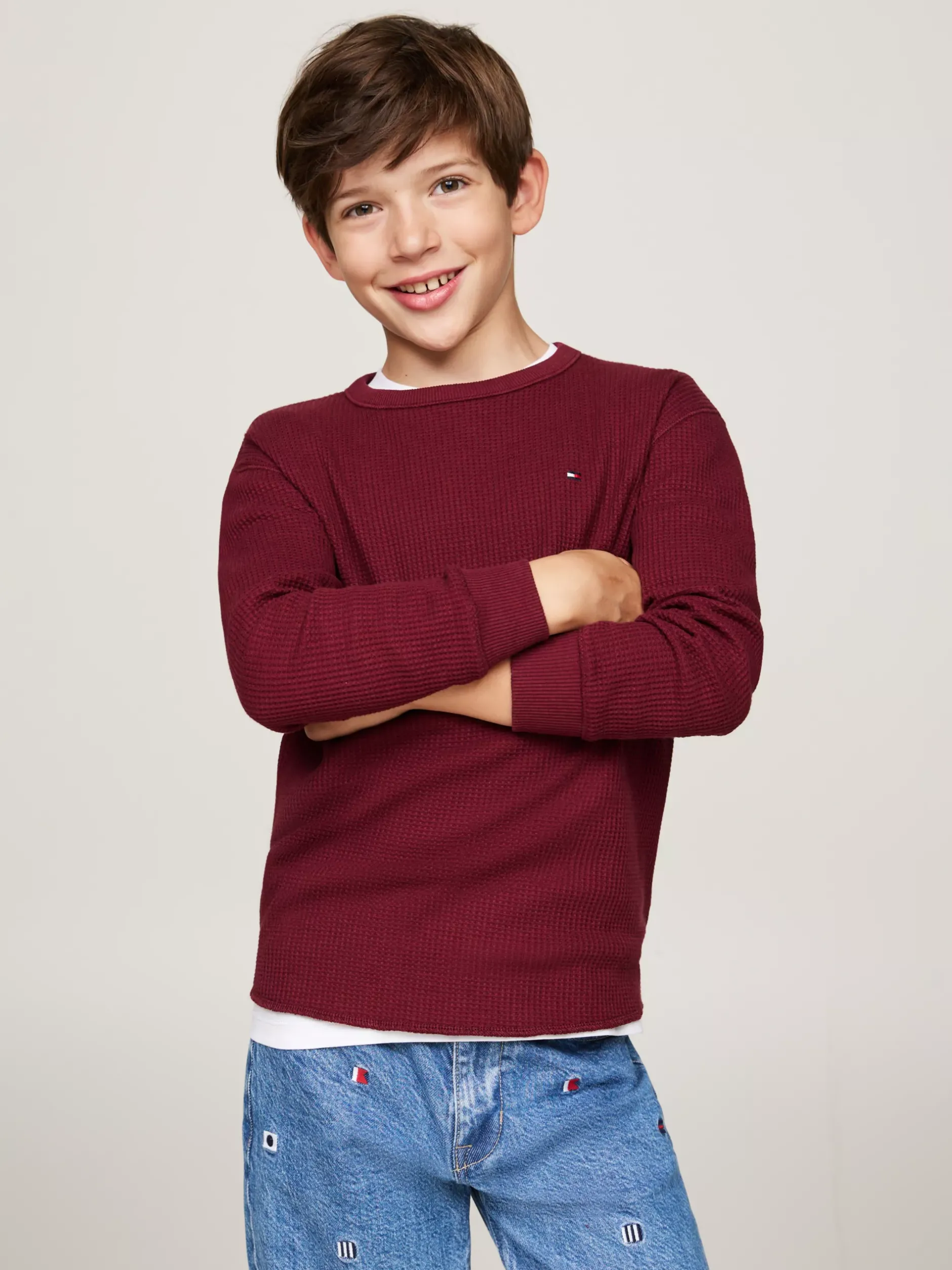 T-Shirty I Koszulki Polo*Tommy Hilfiger Longsleeve O Waflowym Splocie DEEP ROUGE