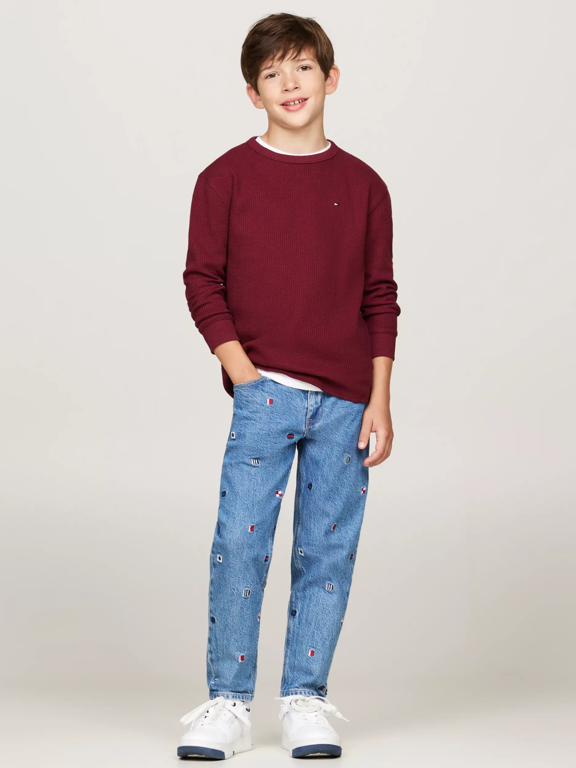 T-Shirty I Koszulki Polo*Tommy Hilfiger Longsleeve O Waflowym Splocie DEEP ROUGE