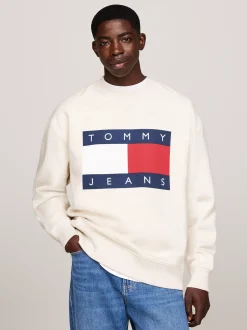 Bluzy Dresowe & Z Kapturem*Tommy Hilfiger Luźna Bluza Z Naszywką Z Flagą Tommy ANCIENT WHITE MELANGE