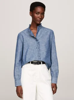 Koszule & Bluzki*Tommy Hilfiger Luźna Koszula Batystowa Z Falbanką MID BLUE CHAMBRAY