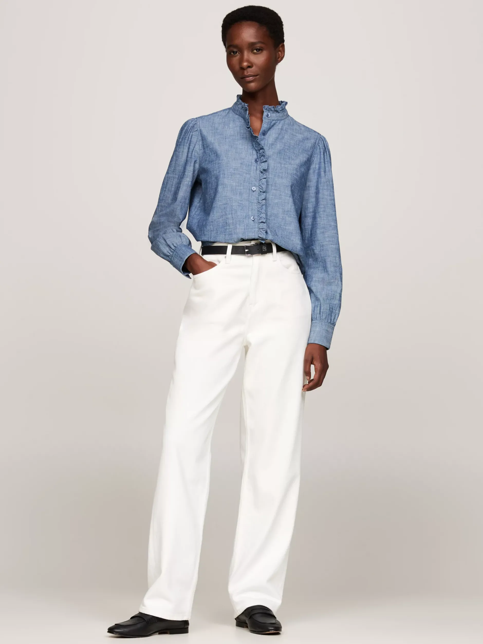 Koszule & Bluzki*Tommy Hilfiger Luźna Koszula Batystowa Z Falbanką MID BLUE CHAMBRAY