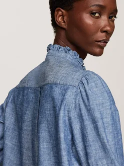 Koszule & Bluzki*Tommy Hilfiger Luźna Koszula Batystowa Z Falbanką MID BLUE CHAMBRAY